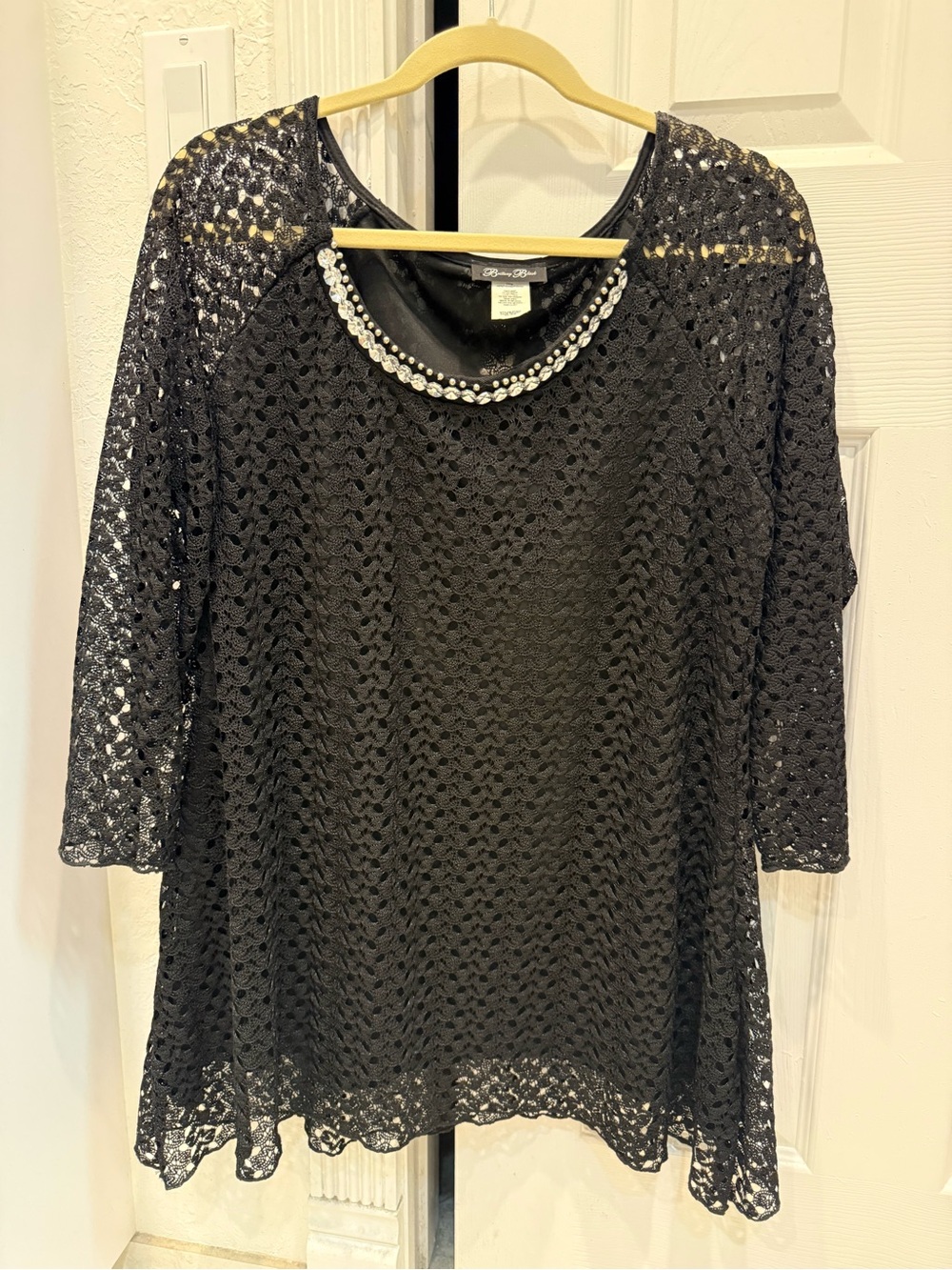 Brittany Black Black Lace Top with Beaded Neckline